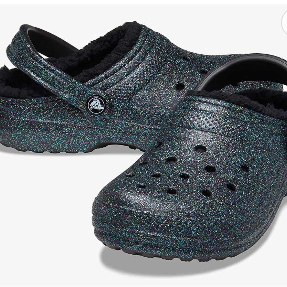 Glitter Crocs lined.  Starry night blue green and purple glitter.  Gently used.